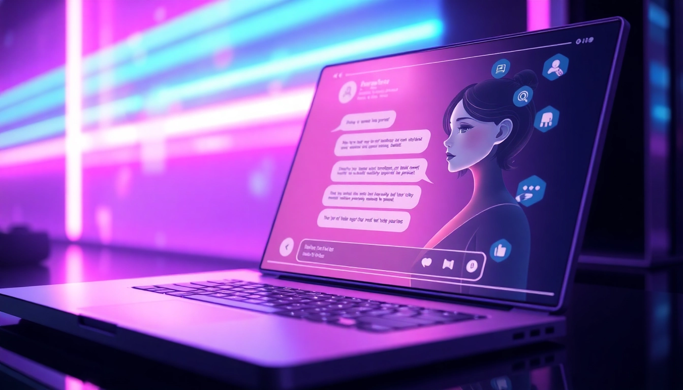 An AI chat interface with a female avatar surrounded by holographic images and neon lights in a cyberpunk setting.