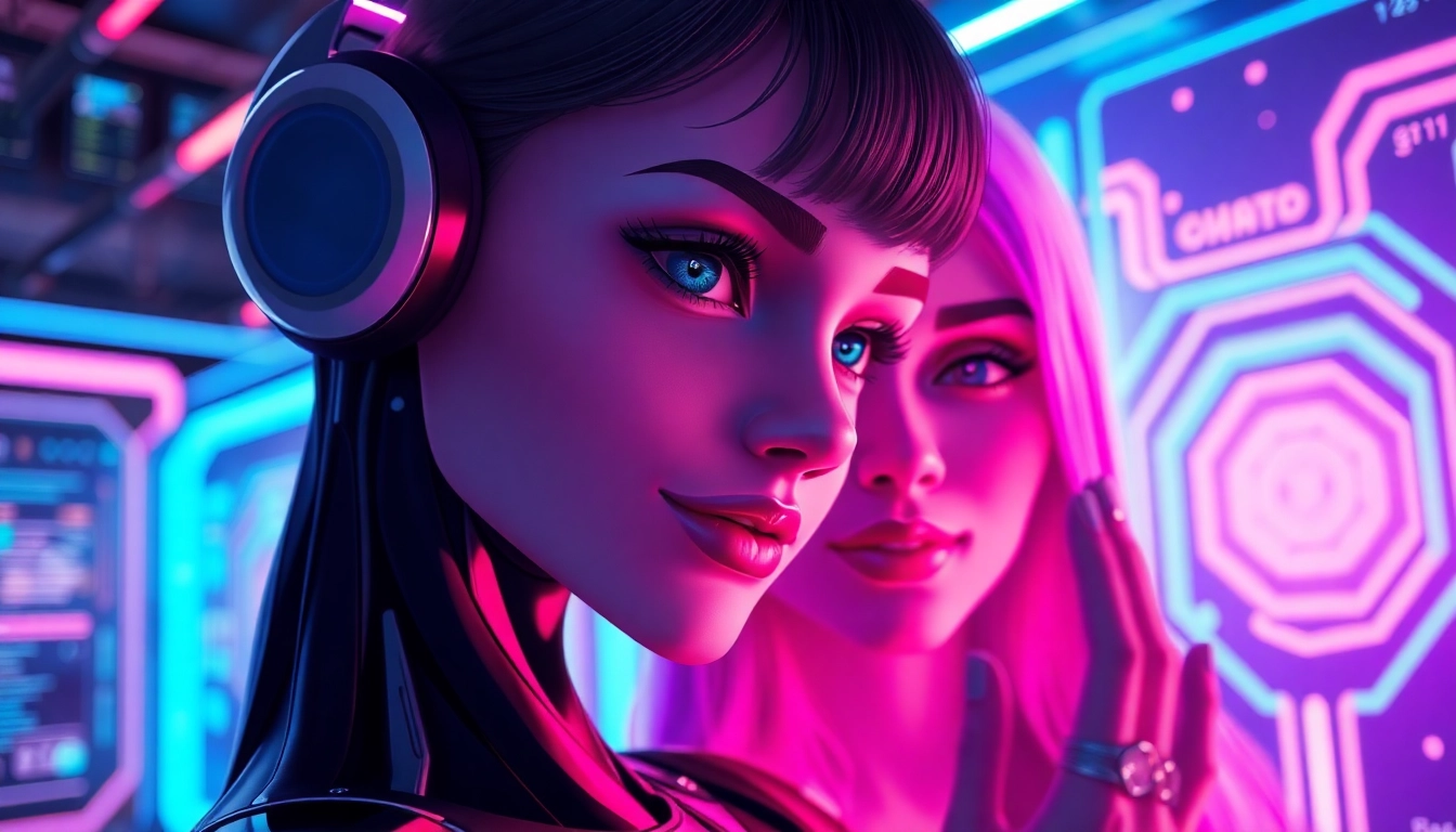 A futuristic scene of an AI character and user engaging in an immersive digital interaction with vibrant neon lights and holographic interfaces.
