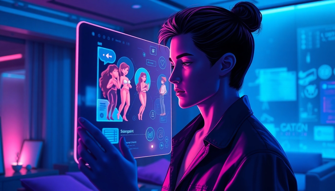 Futuristic AI interface with holographic visuals of adult character interactions in a dimly lit room.