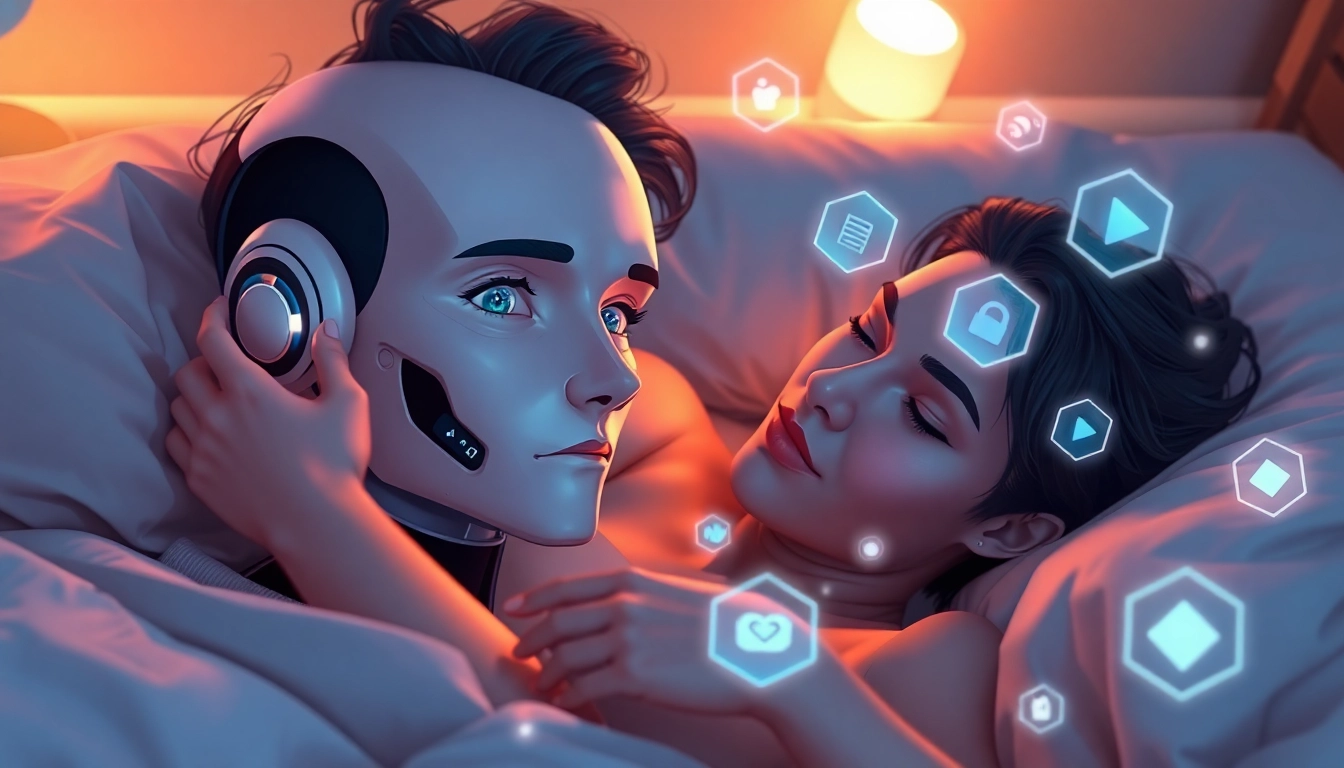 Digital illustration of a romantic scene between a human and an AI character in a modern bedroom with warm lighting.