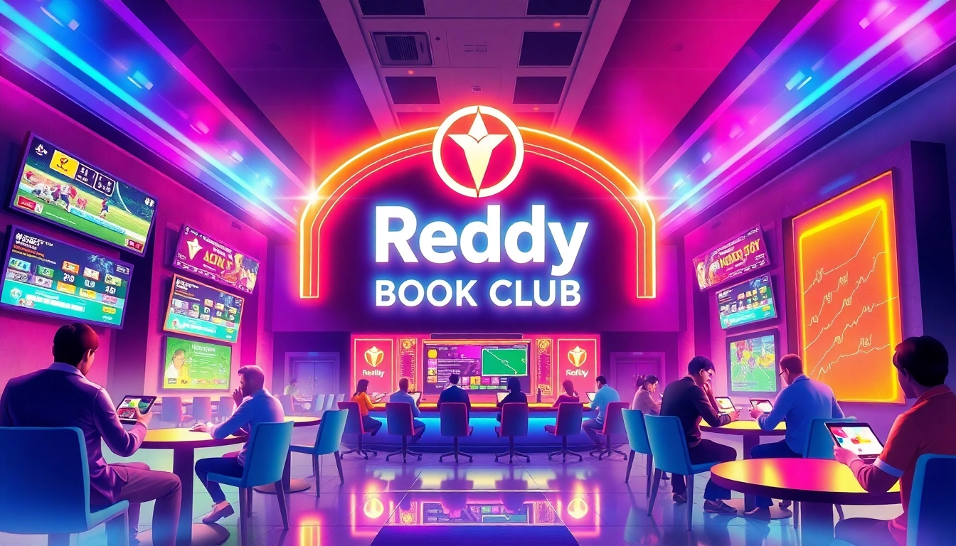 Reddy Book Club logo displayed on a sleek betting platform with sports screens and engaged users, emphasizing trust and excitement in online betting.