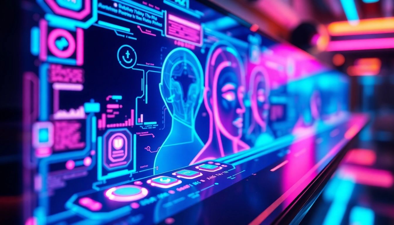 Futuristic AI interface with holographic controls and vibrant neon colors