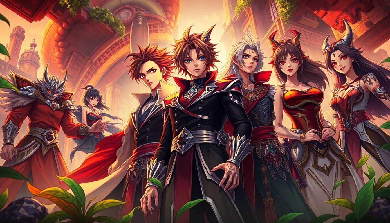 Illustration of a diverse group of fantasy characters in a futuristic city with lush natural elements, glowing lighting, and detailed costumes, capturing the essence of the Omegaverse genre.