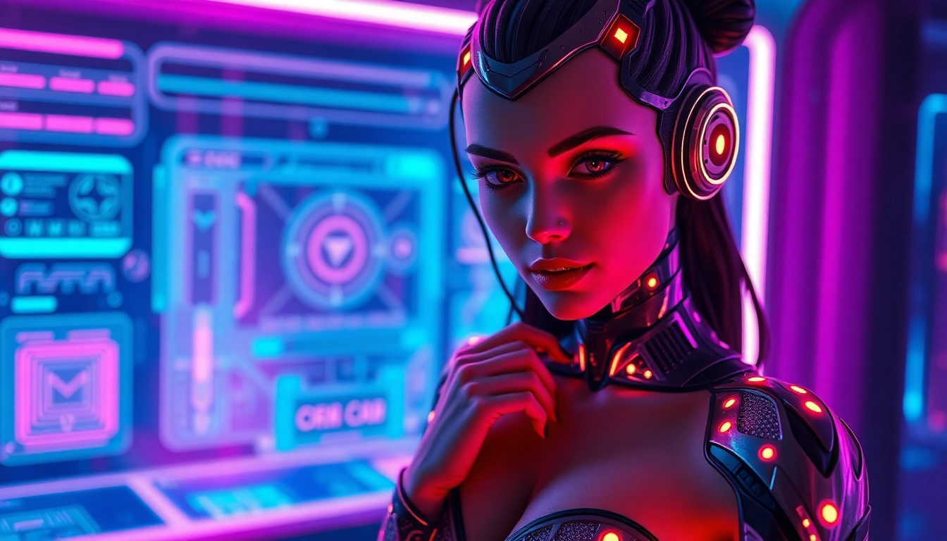 Futuristic AI character in a neon-lit digital environment representing adult-themed AI interaction