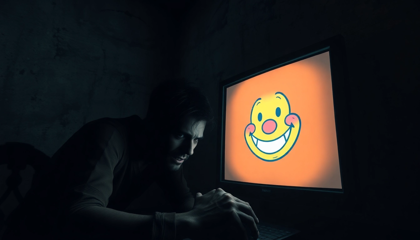 A distressed man plays a dark psychological game on his computer, with Harvey's cheerful face on the screen, showing signs of pain and suffering.