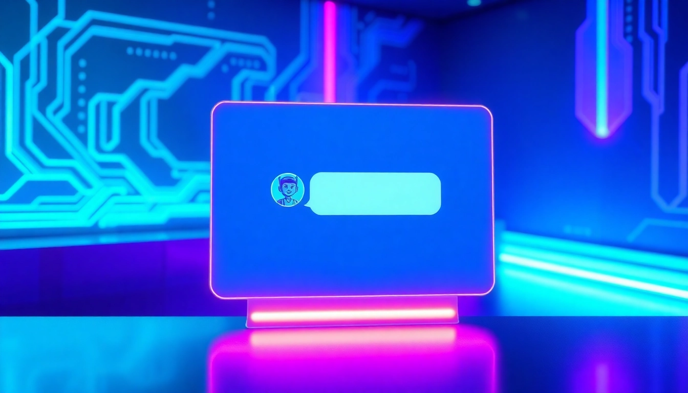 Futuristic AI chatbot interface with neon accents and abstract digital background.