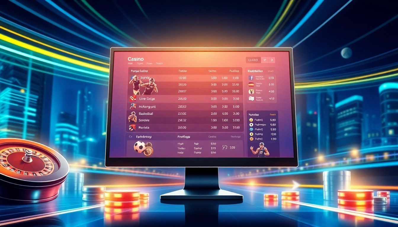 Digital illustration of an online sports betting platform interface with live sports and casino games, neon lights, and a futuristic city background.