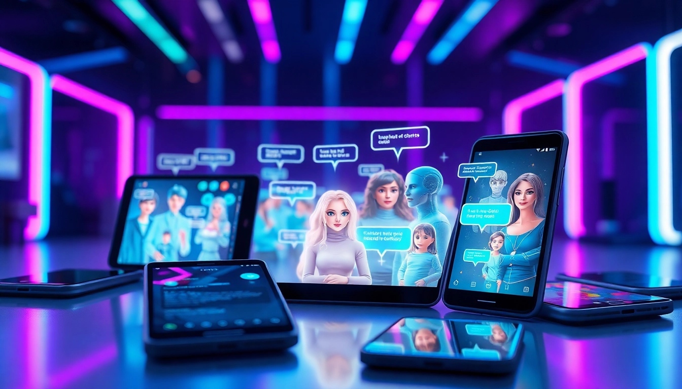 Futuristic digital chat interface with AI characters on devices, neon colors, and holographic elements
