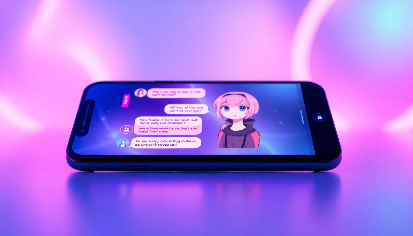 Futuristic digital chat interface with anime-inspired femboy avatar and vibrant neon background