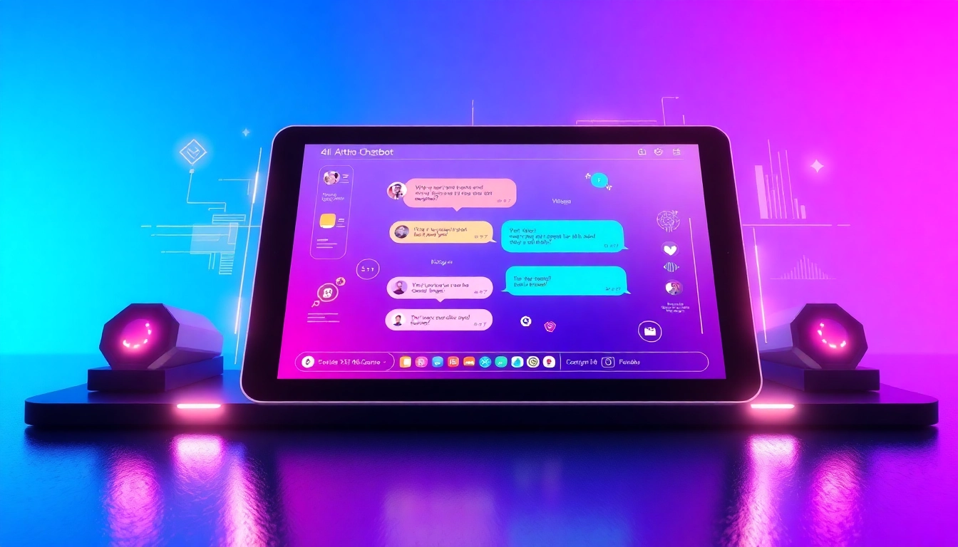 Futuristic AI chatbot interface on a sleek tablet with holographic elements and colorful chat bubbles.