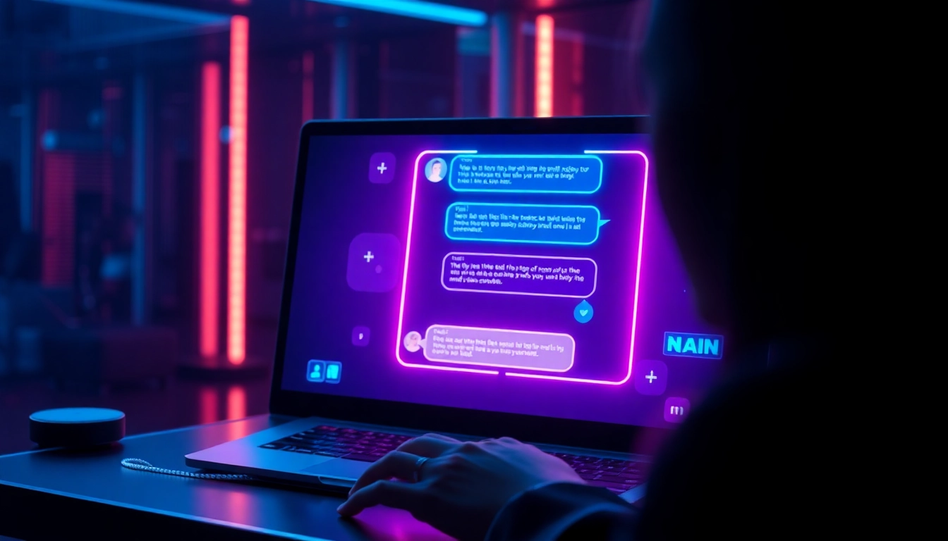 Close-up of a futuristic chatbot interface with glowing chat bubbles and holographic elements in a cyberpunk setting.