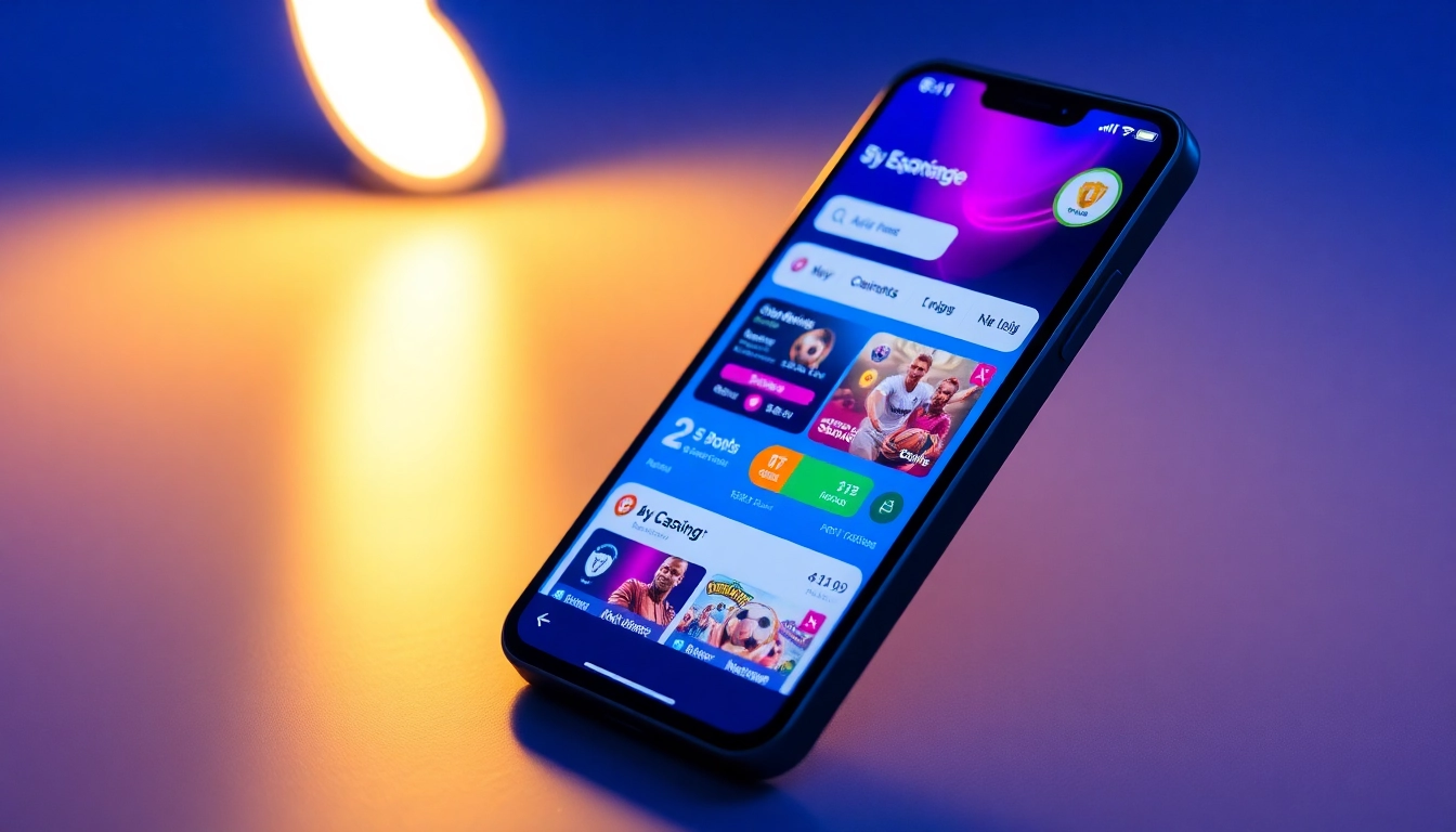 The Sky Exchange App on a smartphone showcasing sports betting and casino games, highlighting secure transactions and user-friendly design for seamless betting experience.
