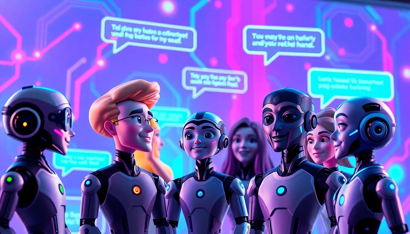 Futuristic AI characters engaging in lively digital conversation with neon and holographic elements.