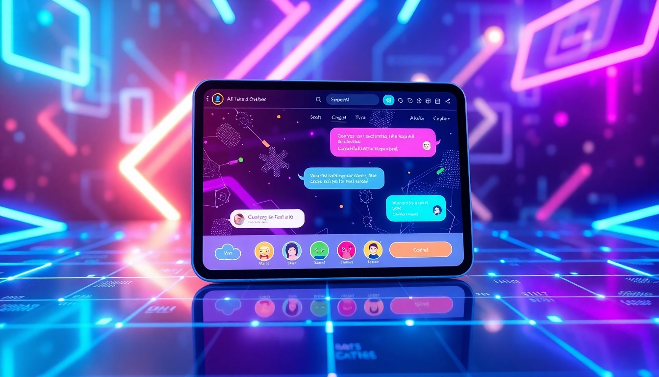 Futuristic chatbot interface on a sleek device with glowing neon accents and animated chat bubbles, representing advanced AI conversations.