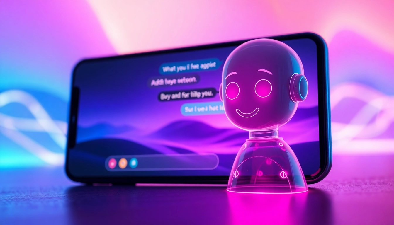 Futuristic AI chatbot interface with a holographic character in a neon-lit digital landscape