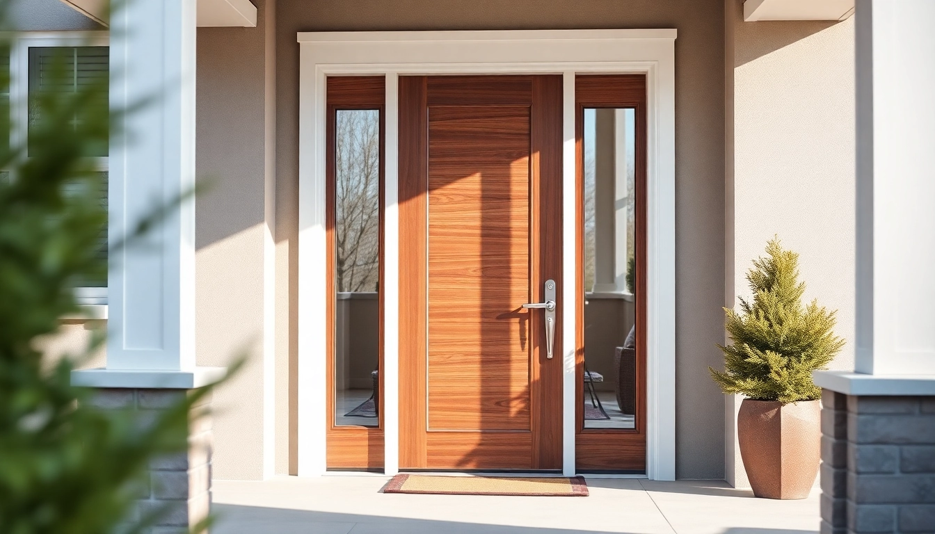 Front door replacement: inviting entry with modern exterior door and bold hardware.