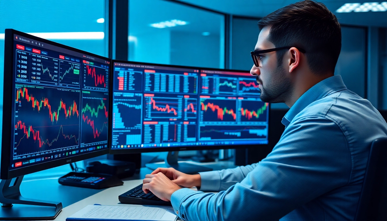 Forex Trading Market News analysis scene showing currency charts and news reports for trading