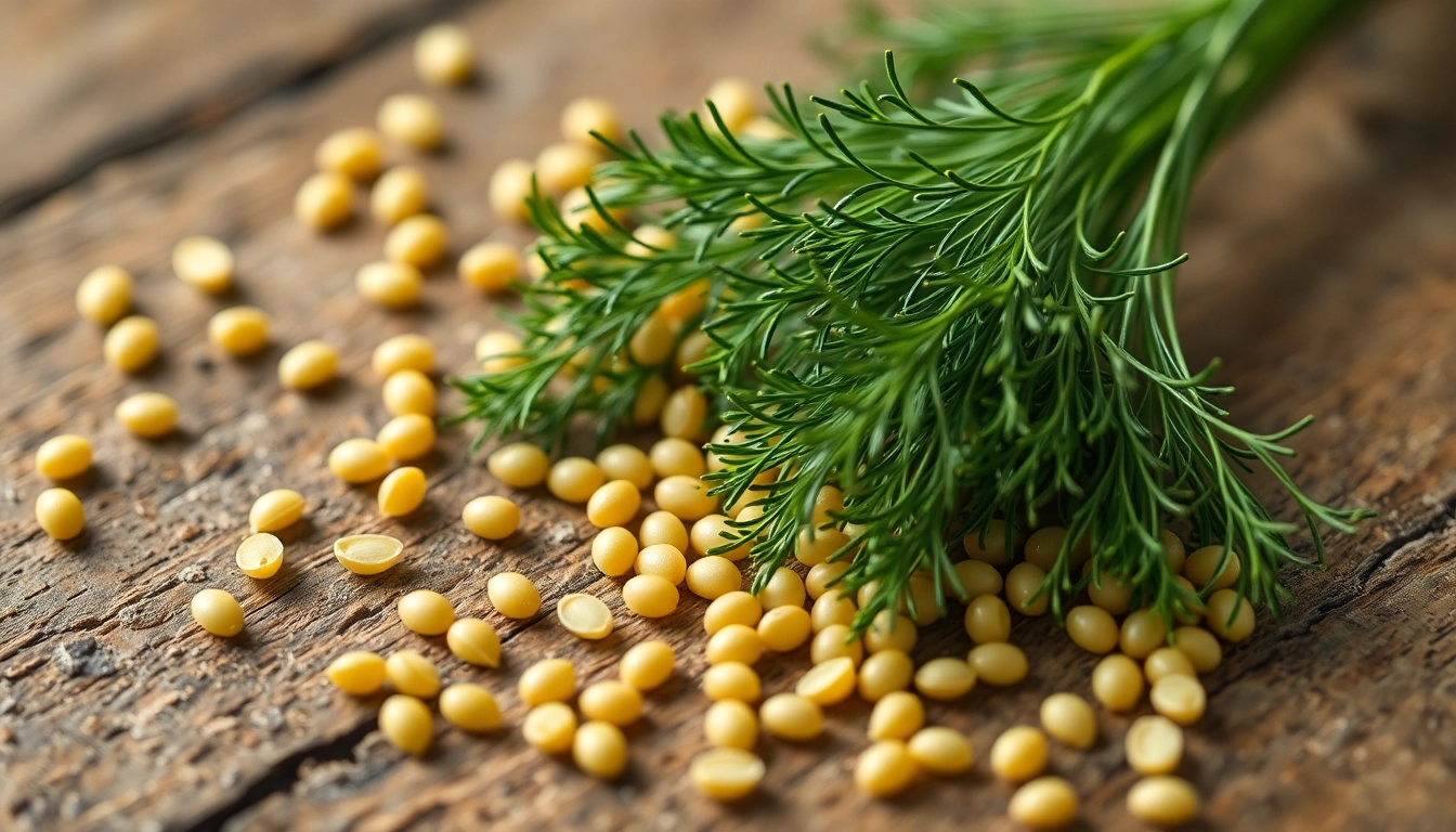 Dill Seeds displayed in a glass jar with fresh herbs for cooking and seasoning