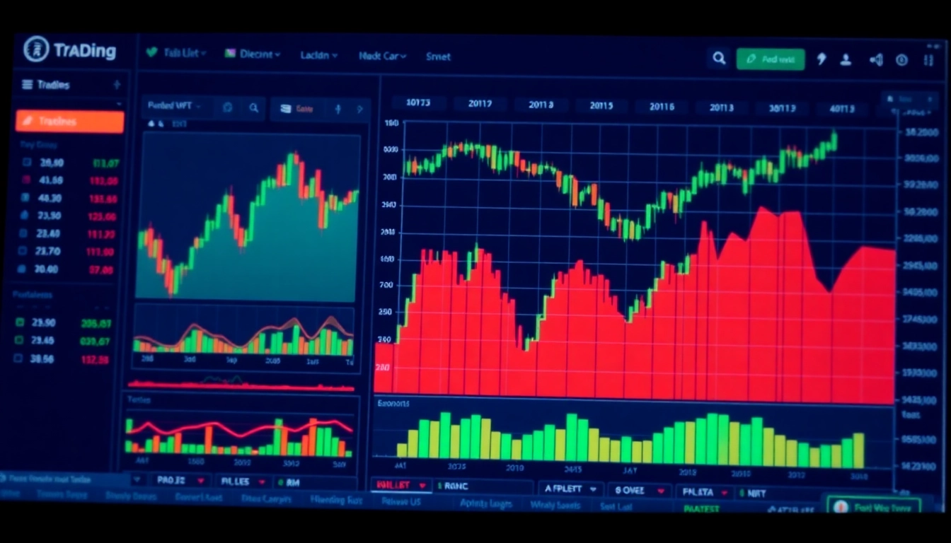 Trading view platform displaying live stock and cryptocurrency charts with analytical tools for